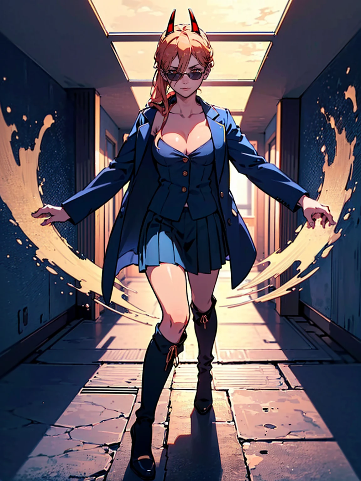 ((１woman:1.9)),((((Naked Tuxedo:1.2, clavicle, Police uniform，navy pleated skirt, Knee-high boots, Red Corner)))), masterpiece，Red Corner, ((Red Corner)), full body, (masterpiece, Highest quality, 8K, 1 person, A perfectly balanced body, Official Art、Highest quality、Unity 8K 壁紙、32k、masterpiece、Ultra-detailed、high resolution、Realistic、Photorealistic:1.2), (Yellow Eyes, Cruciform pupil, Pupil in the shape of a symbol), ((In a navy formal suit１woman:1.9)), Contrapposto, clavicle:1.2, Holding handcuffs, sunglasses
