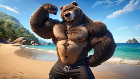 solo, 1boy, beach, size different, extremely huge muscular, massive muscular, baloo, jungle book, grizzly bear, full-body, well-...