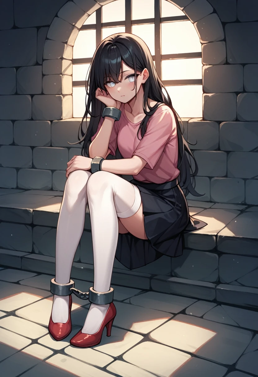 score_9, score_8_up, score_7_up, score_6_up, score_5_up, score_4_up, source_anime, 1girl,sit, black hair, loose hair, white eyes, w-w-chain, shackles,, wrists of the hands,,long hair, pink shirt, skirt,red high heels, white stockings,night, dungeon, best quality, best res, 4K UHD,
 