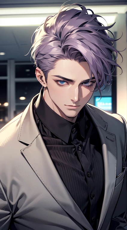 (best quality,4k,8k,highres,masterpiece:1.2),ultra-detailed,(realistic,photorealistic,photo-realistic:1.37),1 man,31 years old,mature man,very handsome,without expression,smile,short grey purple hair,blue eyes,penetrating gaze,perfect face without errors,imposing posture,businessman,office background,cinematic lighting,hdr image