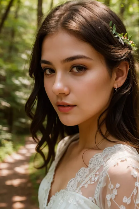 A 6 year old girl in a transparent white lace dress,walking through a lush forest on a path,(best quality,4k,8k,highres,masterpi...