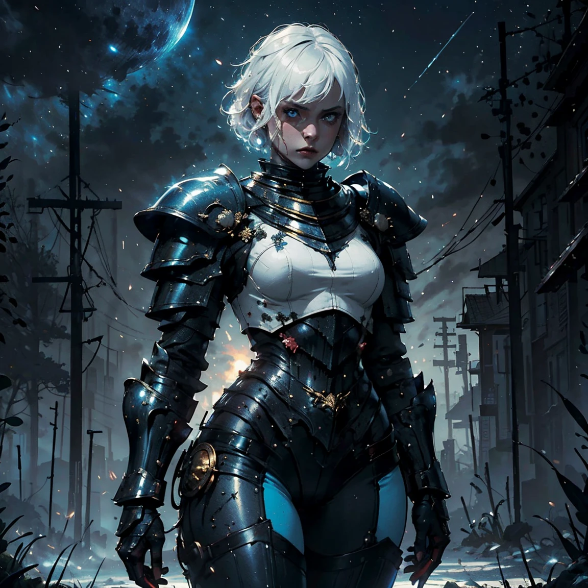 1girl, (solo), short curly hair, (golden hair), small breasts, light blue eyes, small size, fair skin, serious face, (fangs), (blue armor plate), full body, (night), blood moon, medieval town, forest behind, (very sexy body, detailed face, masterpiece, highly detailed, 8k, best quality, vibrant colors, digital art, concept art).