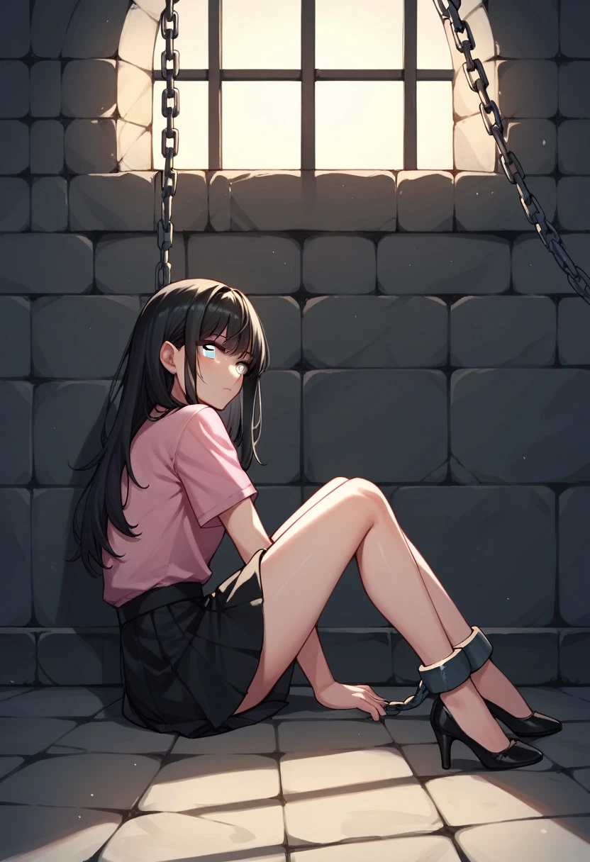 score_9, score_8_up, score_7_up, score_6_up, score_5_up, score_4_up, source_anime, 1girl, sit, black hair, loose hair, white eyes, w-w-chain, shackles ,short chains, put on hand's, long hair, pink shirt, skirt, black high heels, night, dungeon, best quality, best res, 4K UHD,
 