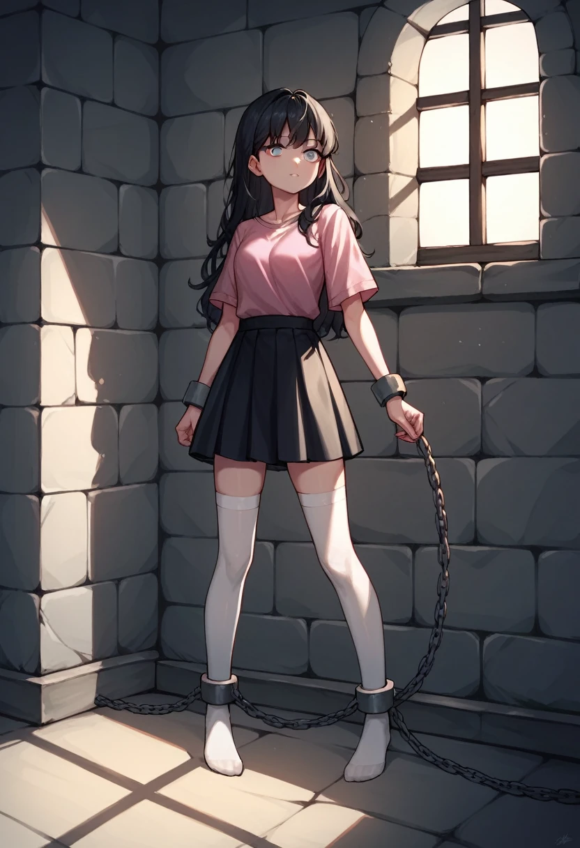 score_9, score_8_up, score_7_up, score_6_up, score_5_up, score_4_up, source_anime, 1girl, worth, black hair, loose hair, white eyes, w-w-chain, shackles ,put on hand's, long hair, pink shirt, skirt, white stockings,night, dungeon, best quality, best res, 4K UHD,
 