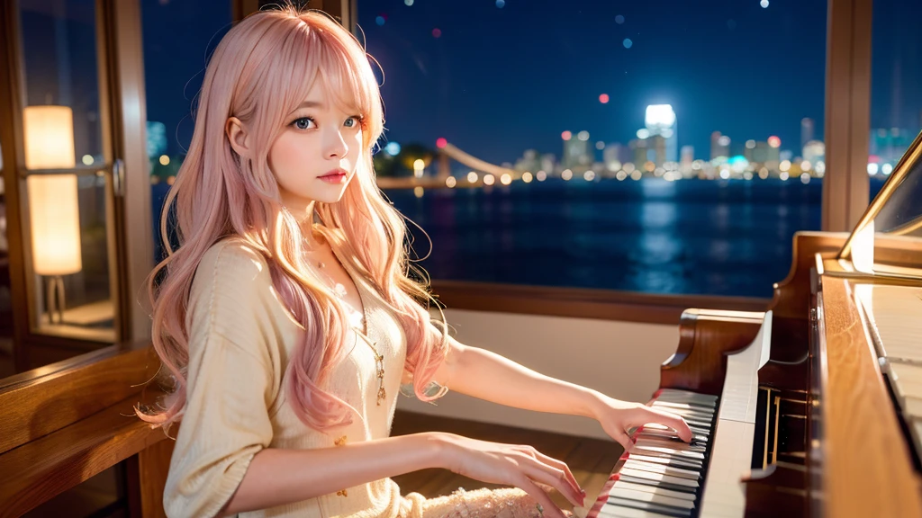 playing piano.Ai Hoshino, beige pink hair, Blue Hair,Long Hair, favorite , Beautiful, shining eyes, Stars in my eyes, Idol,Long pink hair