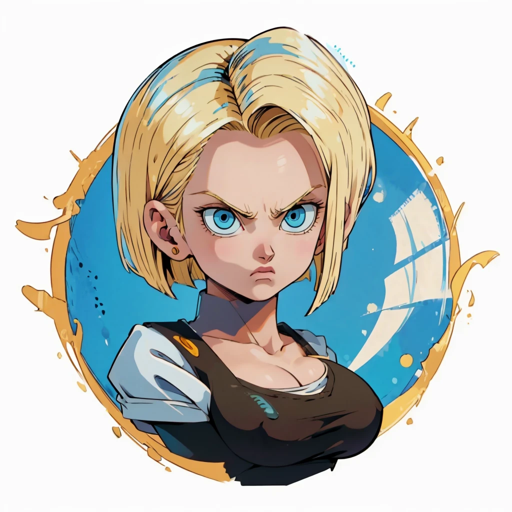 ((1 Mädchen,  android 18 , Blondes Haar, Kurzes Haar, blaue Augen, 1 Mädchen, weißer Hintergrund, Blondes Haar, weißes Hemd, wütende Augen)), Oberkörper, anatomisch korrekt, Kurzes Haar, chibi, Einfacher Hintergrund, Dekollete, den Betrachter anschauen, 