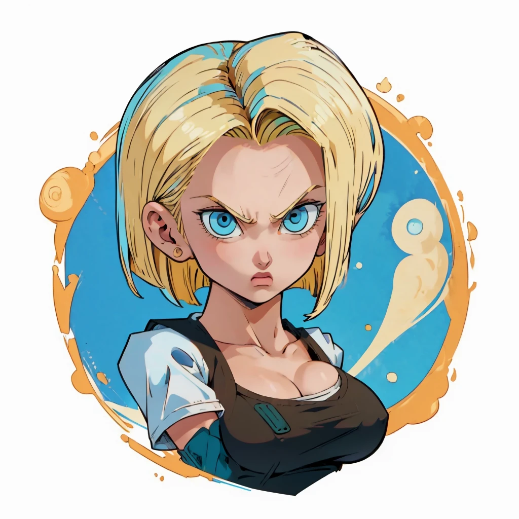 ((1 Mädchen,  android 18 , Blondes Haar, Kurzes Haar, blaue Augen, 1 Mädchen, weißer Hintergrund, Blondes Haar, weißes Hemd, wütende Augen)), Oberkörper, anatomisch korrekt, Kurzes Haar, chibi, Einfacher Hintergrund, Dekollete, den Betrachter anschauen, 