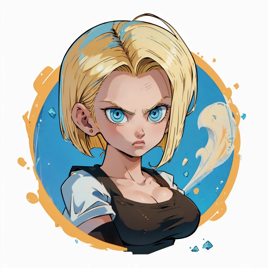 ((1girl,  android 18 , blonde hair, short hair, blue eyes, 1girl, white background, blonde hair, white shirt, angry eyes)), upper body, anatomically correct, short hair, chibi, simple background, cleavage, looking at the viewer, 