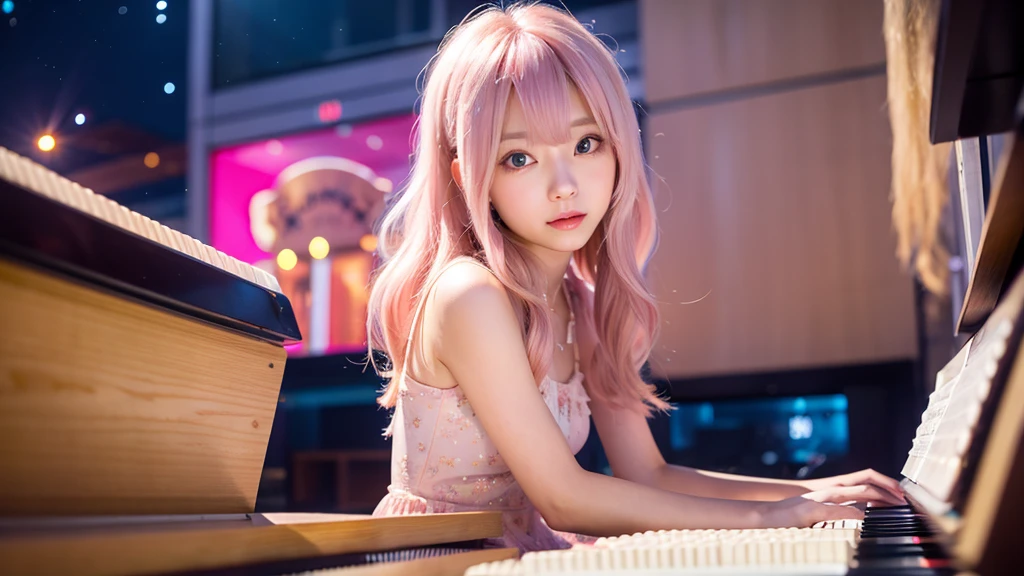 playing piano.Ai Hoshino, beige pink hair, Blue Hair,Long Hair, favorite , Beautiful, shining eyes, Stars in my eyes, Idol,Long pink hair