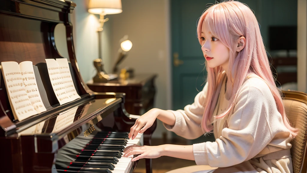 playing piano.Ai Hoshino, beige pink hair, Blue Hair,Long Hair, favorite , Beautiful, shining eyes, Stars in my eyes, Idol,Long pink hair