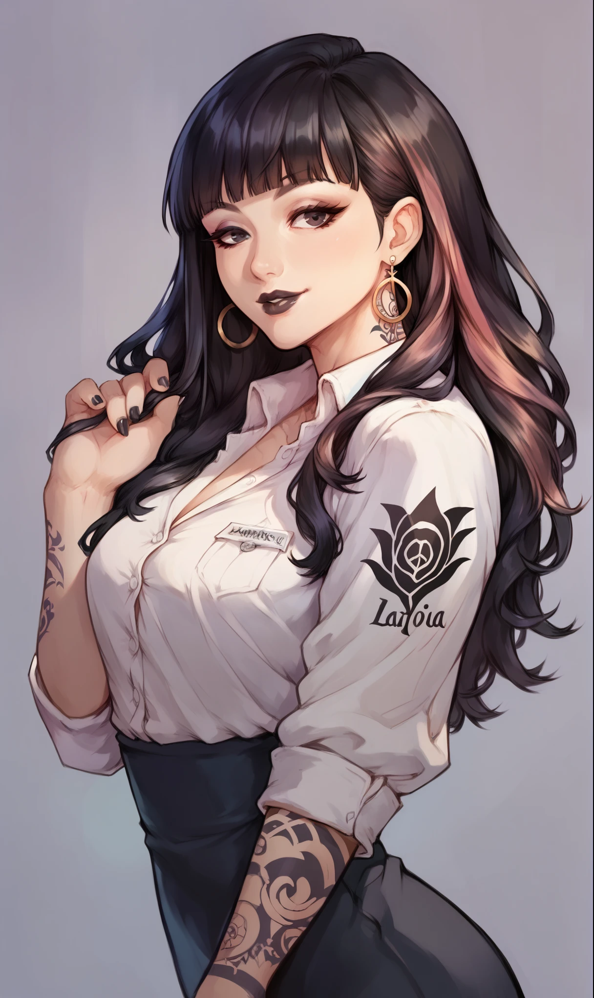 score_9, score_8_up, score_7_up,  1girl, simplified background, Asian, mafia business outfit, , sunny, lovely, hime cut hair, gentle smile, black lips, black eyes, tattoos
