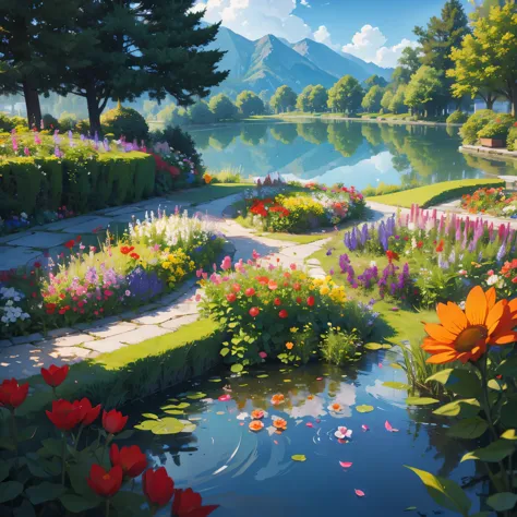 view of flower garden with a lake