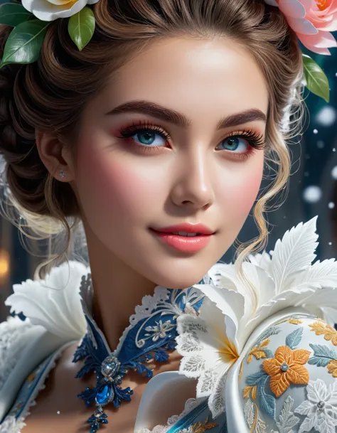 ultra high quality image, close-up, stunningly beautiful girl, long fluffy eyelashes, modern rococo style, with impressionistic ...