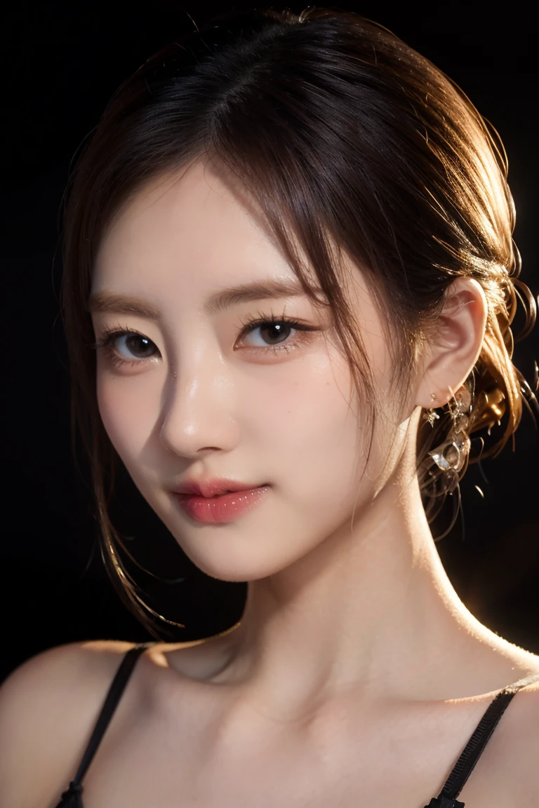 (8K high quality), (highest quality), (RAW image quality), (reality), Big eyes, long eyelashes, milky white skin, high detail skin, realistic skin details, visible pores,（Super detailed, (short hair), best portrait,((Photo taken from a distance, from the front)), only one girl, cute type, fine and beautiful eyes, beautifully detailed nose, highly detailed skin), (Beautiful face with double eyelids), (realism: 1.4), (beautiful face 1.4), ((1 girl)), ((wearing only a small bra)), ((dark black background)), ((happily smiling))