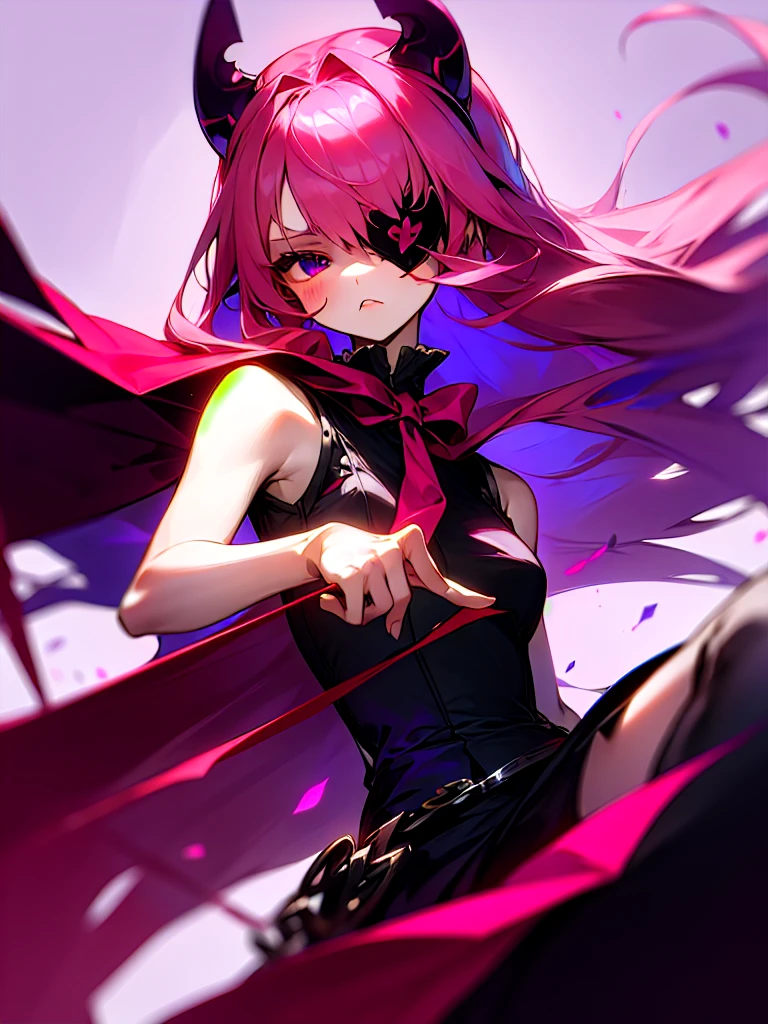 Young girl, long dark pink hair, dark hair, sharp eyes, purple eyes, sleeveless combat dress, bow, serious look, masterpiece, high quality, fantasy eyepatch, unique eyepatch 