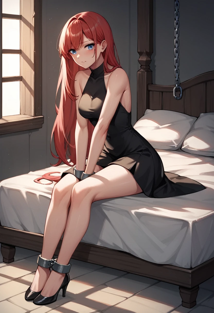 score_9, score_8_up, score_7_up, score_6_up, score_5_up, score_4_up, source_anime, 1girl,bed,sit, red hair, blue eyes, w-w-chain, shackles,crossed,long hair, black dress, skirt,black high heels, dungeon, best quality, best res, 4K UHD,
 