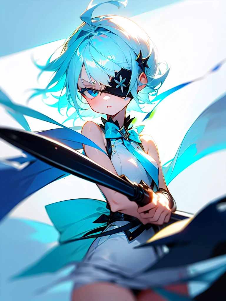 Young girl, light blue hair, light hair hair, sharp eyes, light blue eyes, sleeveless combat dress, bow, serious look, masterpiece, high quality, fantasy eyepatch, unique eyepatch, short hair