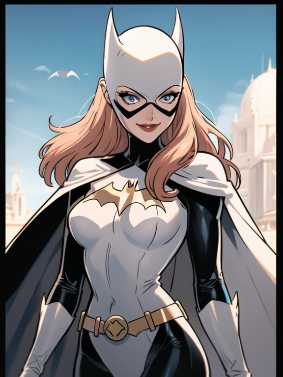 BarbaraG, 1girl, solo, long white cape, white mask, belt, white gloves, blue eyes, superhero, long hair, grey bodysuit, lipstick, batgirl, park, smile, cape under her shoulders