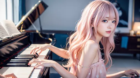 playing piano.ai hoshino, beige pink hair, blue hair,long hair, favorite , beautiful, shining eyes, stars in my eyes, idol,long ...