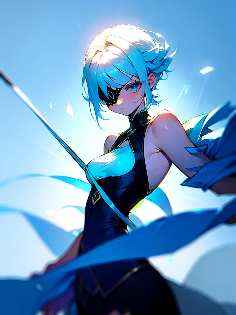 Young girl, light blue hair, light hair hair, sharp eyes, light blue eyes, sleeveless combat dress, bow, serious look, masterpiece, high quality, fantasy eyepatch, unique eyepatch, short hair, short hair