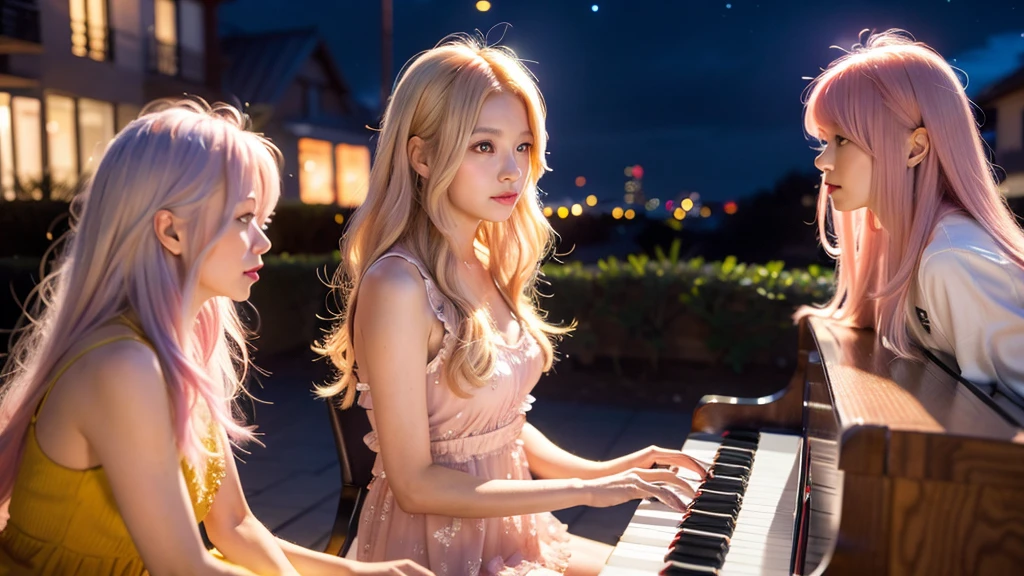 playing piano.Ai Hoshino, beige pink hair, Blue Hair,Long Hair, favorite , Beautiful, shining eyes, Stars in my eyes, Idol,Long pink hair