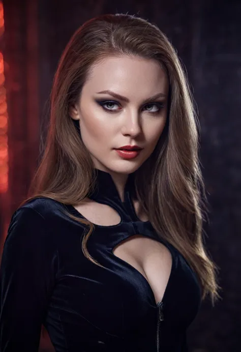 beautiful evil slavic woman, pale skin, long dark blond hair, photo, halloween skin - catwoman, in club, velvet black suit, whol...