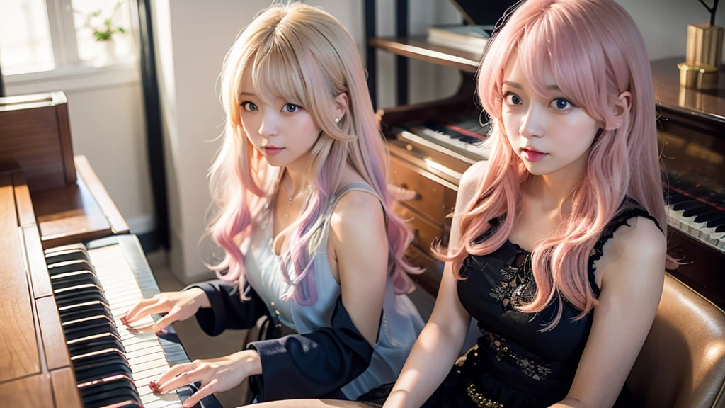 playing piano.Ai Hoshino, beige pink hair, Blue Hair,Long Hair, favorite , Beautiful, shining eyes, Stars in my eyes, Idol,Long pink hair