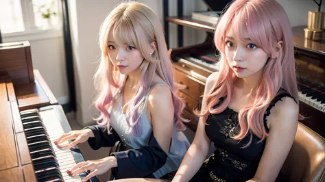 playing piano.ai hoshino, beige pink hair, blue hair,long hair, favorite , beautiful, shining eyes, stars in my eyes, idol,long ...