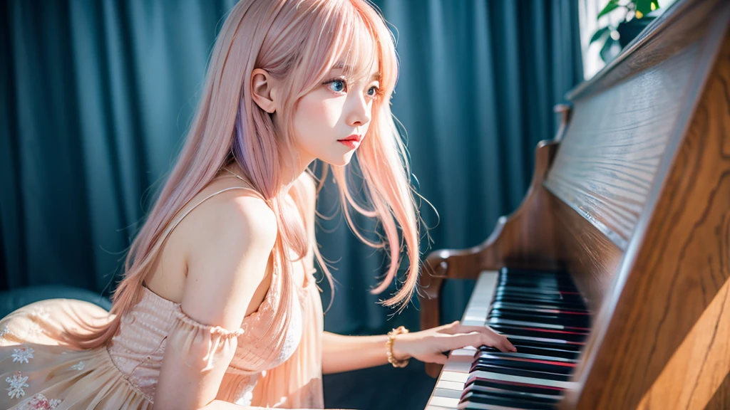 playing piano.Ai Hoshino, beige pink hair, Blue Hair,Long Hair, favorite , Beautiful, shining eyes, Stars in my eyes, Idol,Long pink hair