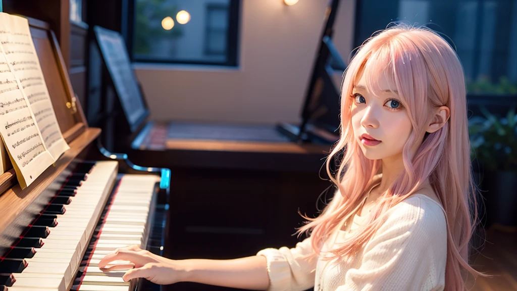 playing piano.Ai Hoshino, beige pink hair, Blue Hair,Long Hair, favorite , Beautiful, shining eyes, Stars in my eyes, Idol,Long pink hair