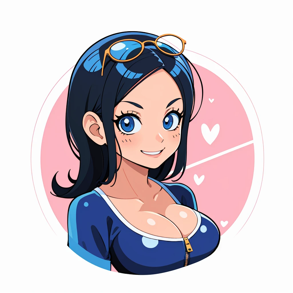 ((1girl,  nico robin, nico robin from one piece, 1girl, white background, crop top, midriff, navel, sarong, eyewear on head, zipper, Partially unzipped, large hair, black hair)), upper body, anatomically correct, chibi, simple background, smile, cleavage, looking at the viewer, 