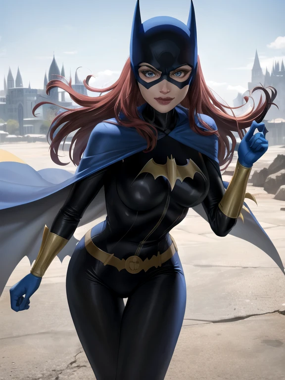 BarbaraG, 1girl, solo, blue cape, blue cloak, blue mask, belt, yellow gloves, blue eyes, superhero, long hair, grey bodysuit, lipstick, batgirl, park, smile,  under her shoulders