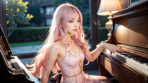 playing piano.ai hoshino, beige pink hair, blue hair,long hair, favorite , beautiful, shining eyes, stars in my eyes, idol,long ...