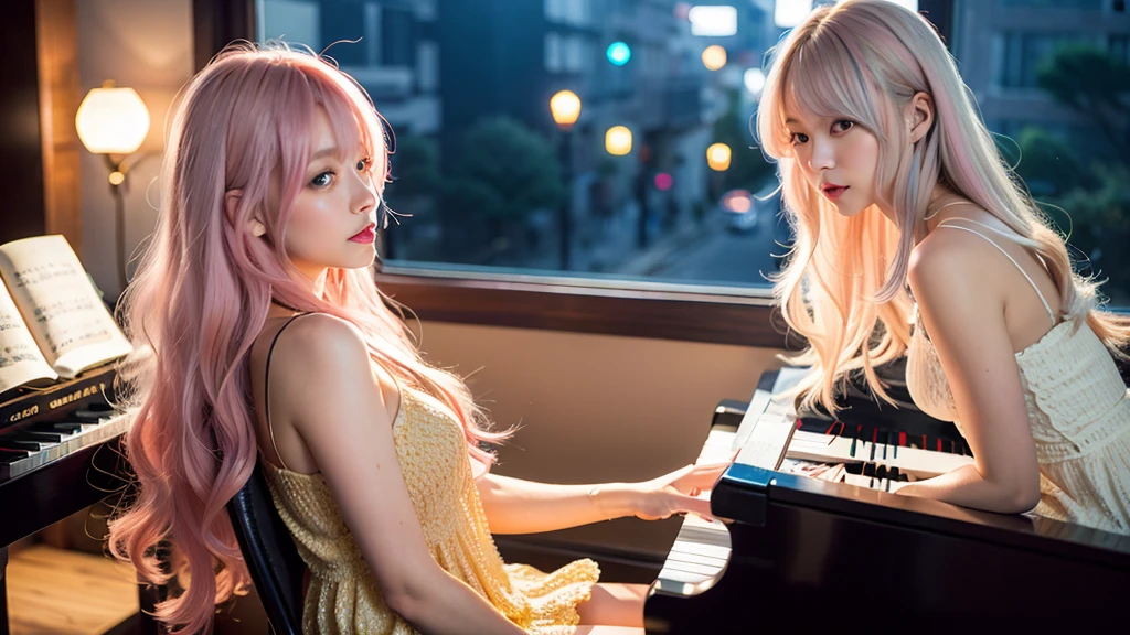 playing piano.Ai Hoshino, beige pink hair, Blue Hair,Long Hair, favorite , Beautiful, shining eyes, Stars in my eyes, Idol,Long pink hair