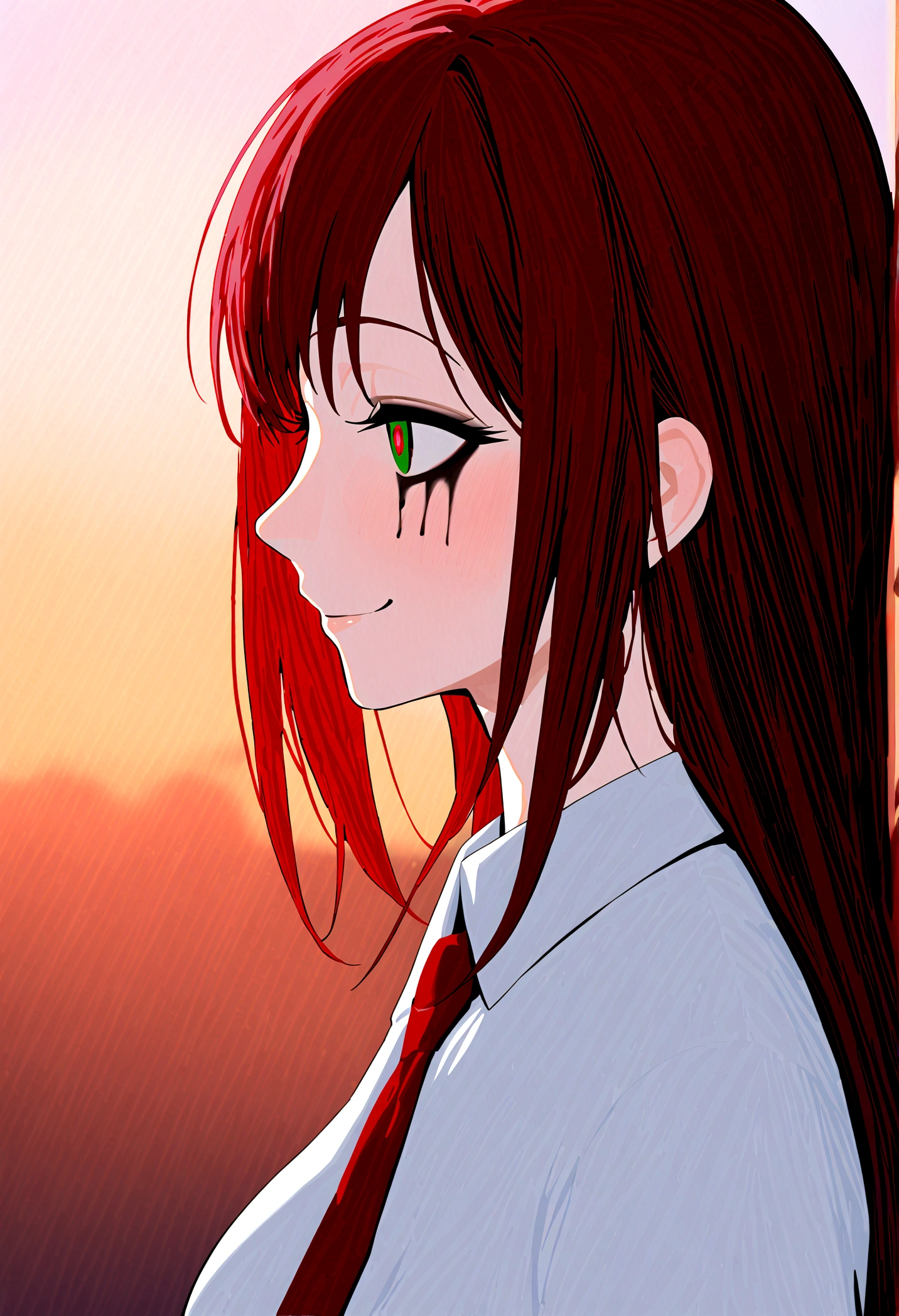 (Masterpiece:1.2, Best Quality), 1 woman, profile, looking towards the viewer, White shirt red tie, medium breasts, Casual, long red hair, minimal makeup, , pale,Natural fabrics, closeup face, evil smile, bright eyes circular pupils,8K high resolution, detailed lines,blurred background,