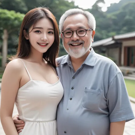 couple、embrace each other、fat uncle、bearded old man、glasses man、sexy 20 year old beauty with big bust、smile