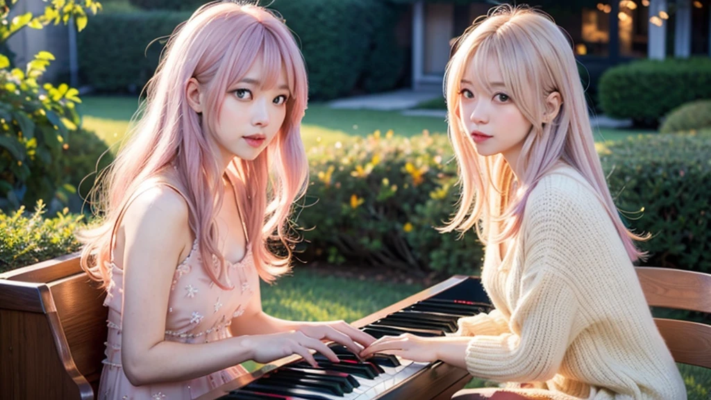 playing piano.Ai Hoshino, beige pink hair, Blue Hair,Long Hair, favorite , Beautiful, shining eyes, Stars in my eyes, Idol,Long pink hair