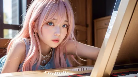 playing piano.ai hoshino, beige pink hair, blue hair,long hair, favorite , beautiful, shining eyes, stars in my eyes, idol,long ...