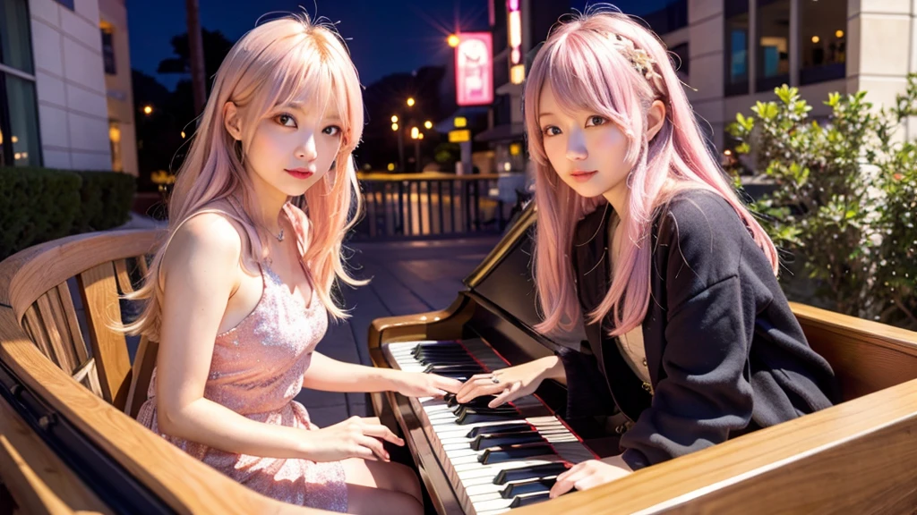 playing piano.Ai Hoshino, beige pink hair, Blue Hair,Long Hair, favorite , Beautiful, shining eyes, Stars in my eyes, Idol,Long pink hair