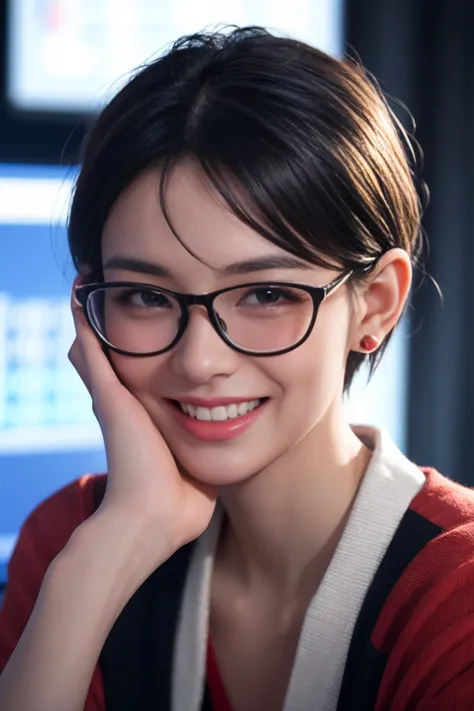 a girl with short hair, wearing transparent glasses, smiling and raising her hand, in a stock market setting, half-body shot, sm...