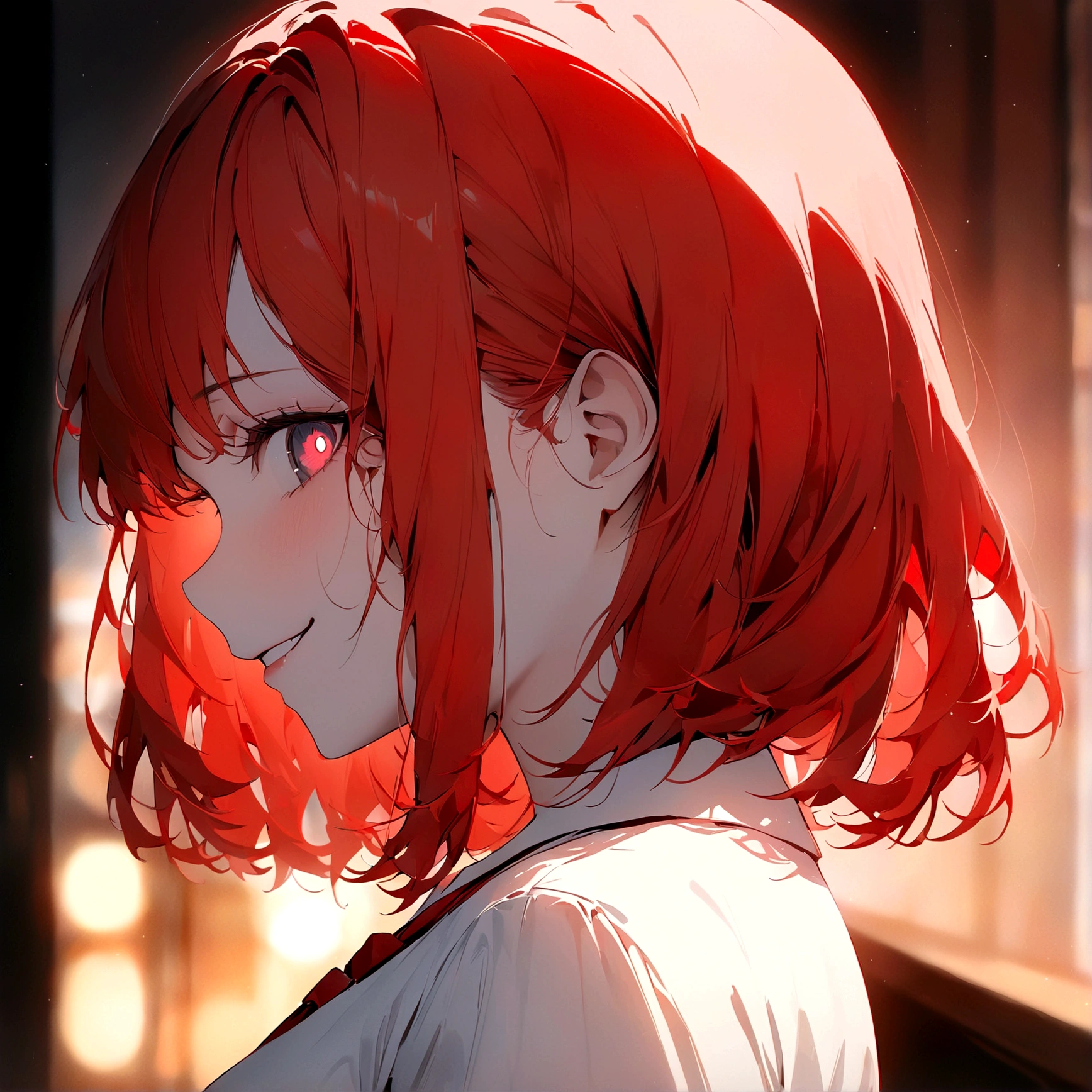 (Masterpiece:1.2, Best Quality), 1 woman, profile, looking towards the viewer, White shirt red tie, medium breasts, Casual, long red hair, minimal makeup, , pale,Natural fabrics, closeup face, evil smile, bright eyes circular pupils,8K high resolution, detailed lines,blurred background,