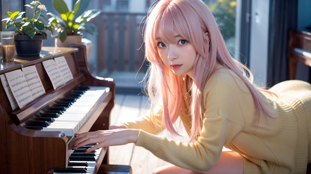 playing piano.Ai Hoshino, beige pink hair, Blue Hair,Long Hair, favorite , Beautiful, shining eyes, Stars in my eyes, Idol,Long pink hair