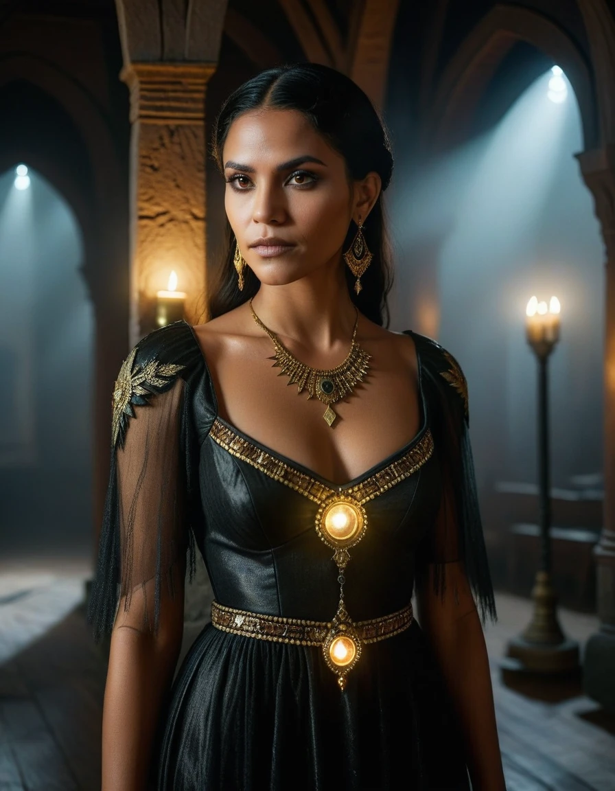 (masterpiece:1.7, best quality, ultra detailed, moonlight lights ratio, ultra realistic:1.3), Cinematic lighting:0.7, full-body portrait of a Brazilian woman with Wiccan (witch) style, wearing a detailed gothic dress with a cropped top, adorned with Egyptian gold jewelry. Sharp focus on her face, perfect eyes:1.5, photorealistic:1.5, film grain, looking at the camera:1.3, emphasize shoulders, foggy, misty, volumetric dust, key light, ray tracing, film grain ISO 800, 16 mm lens, RAW f1.8 aperture, analog photography, HDR colors, gothic interior, dark, elegant, and intimidating atmosphere
