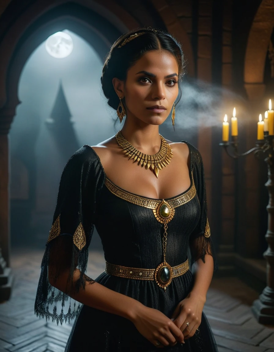 (masterpiece:1.7, best quality, ultra detailed, moonlight lights ratio, ultra realistic:1.3), Cinematic lighting:0.7, full-body portrait of a Brazilian woman with Wiccan (witch) style, wearing a detailed gothic dress with a cropped top, adorned with Egyptian gold jewelry. Sharp focus on her face, perfect eyes:1.5, photorealistic:1.5, film grain, looking at the camera:1.3, emphasize shoulders, foggy, misty, volumetric dust, key light, ray tracing, film grain ISO 800, 16 mm lens, RAW f1.8 aperture, analog photography, HDR colors, gothic interior, dark, elegant, and intimidating atmosphere
