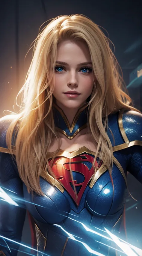 The character Supergirl, perfect costume, shiny blue eyes, extremely beautiful blond hair, beautiful smile , perfect anatomy and...