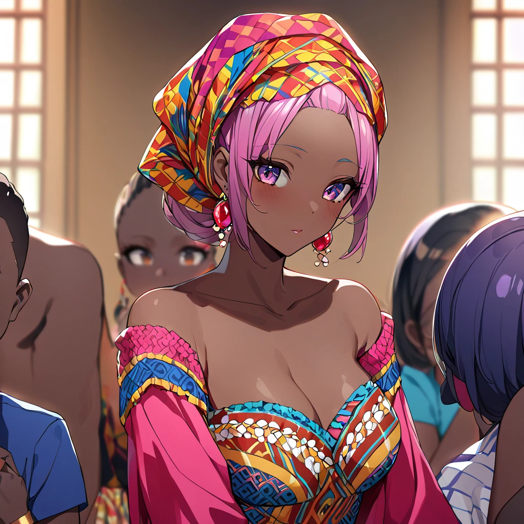 ((Highest quality)), ((masterpiece)), (detailed), （Perfect Face）、The woman is Momo Belia Deviluke, a Ghanaian by birth, with a vibrant dark skin, and is wearing a vibrant Ghanaian dress, a vibrant headscarf, gorgeous jewellery and an engagement ring.、The woman is the elegant Momo Belia Deviluke, with short pink bob hair, a colorful Ghanaian dress, a colorful headscarf, and vivid dark brown skin. She is a natural-born black and Ghanaian.、（The woman is a black Ghanaian with vivid dark brown skin.）、The woman is raising children and doing village work with other village girls in her village in Ghana.