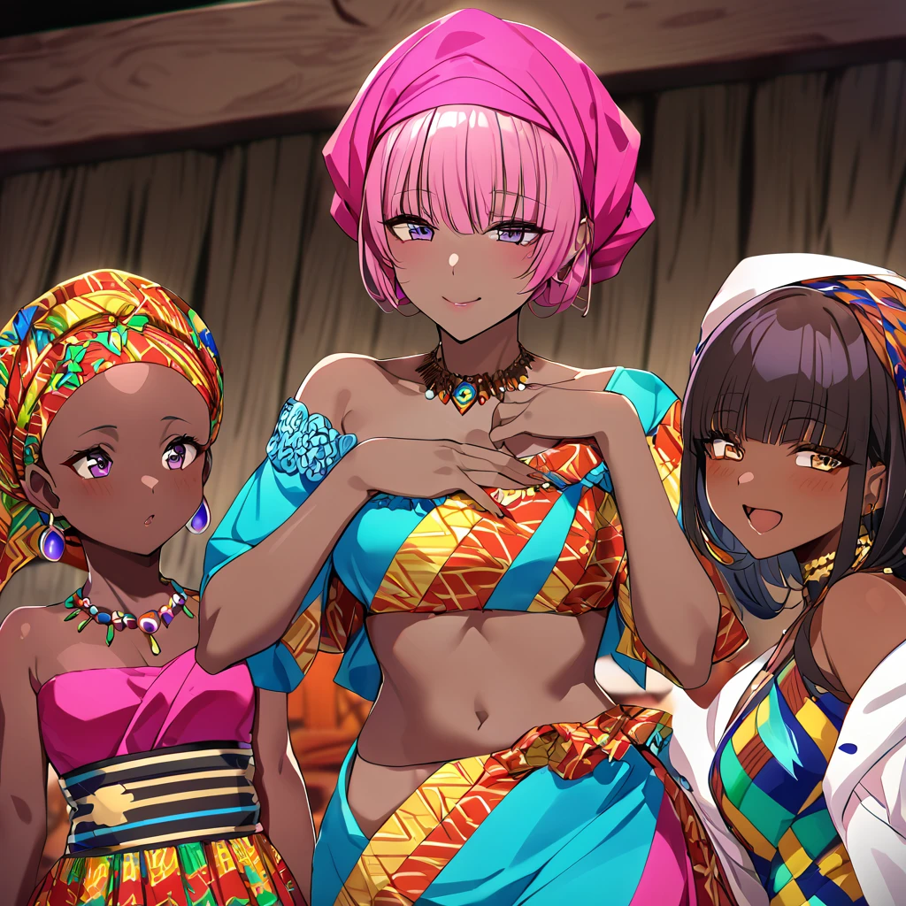 ((Highest quality)), ((masterpiece)), (detailed), （Perfect Face）、The woman is Momo Belia Deviluke, a Ghanaian by birth, with a vibrant dark skin, and is wearing a vibrant Ghanaian dress, a vibrant headscarf, gorgeous jewellery and an engagement ring.、The woman is the elegant Momo Belia Deviluke, with short pink bob hair, a colorful Ghanaian dress, a colorful headscarf, and vivid dark brown skin. She is a natural-born black and Ghanaian.、（The woman is a black Ghanaian with vivid dark brown skin.）、The woman is raising children and doing village work with other village girls in her village in Ghana.