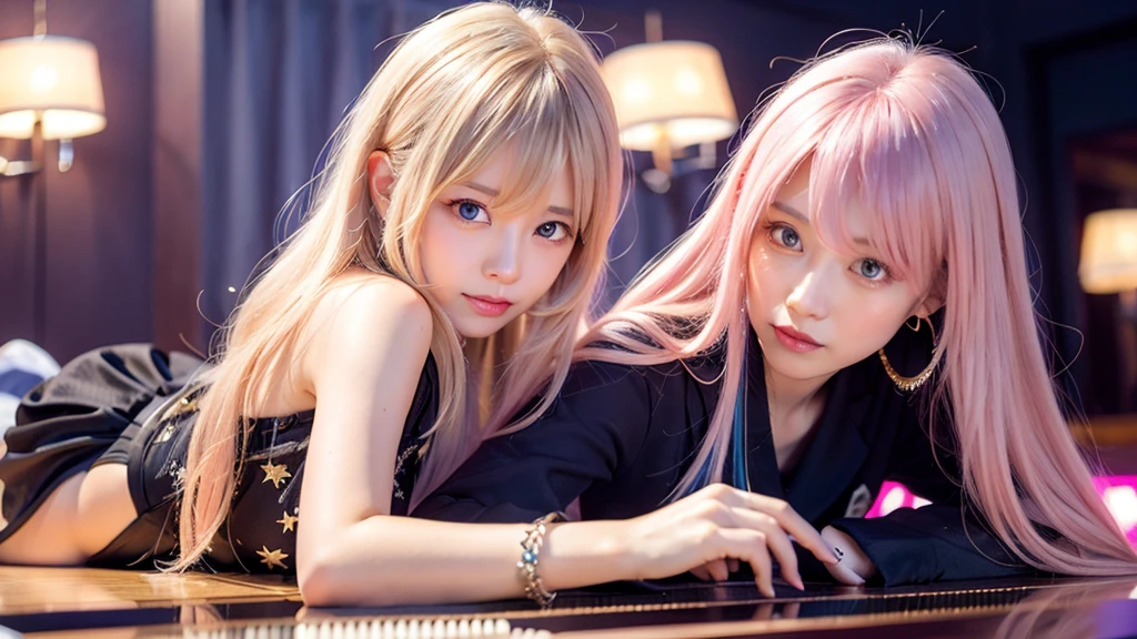 playing piano.Ai Hoshino, beige pink hair, Blue Hair,Long Hair, favorite , Beautiful, shining eyes, Stars in my eyes, Idol,Long pink hair