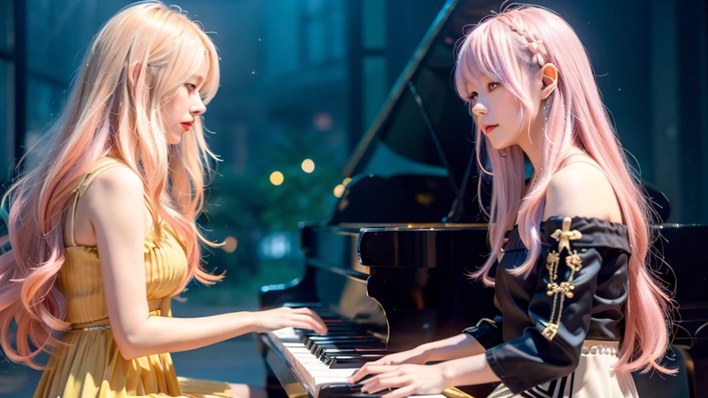 playing piano.Ai Hoshino, beige pink hair, Blue Hair,Long Hair, favorite , Beautiful, shining eyes, Stars in my eyes, Idol,Long pink hair