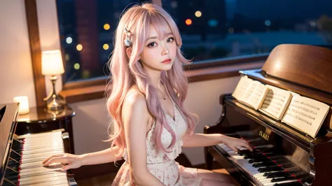 playing piano.ai hoshino, beige pink hair, blue hair,long hair, favorite , beautiful, shining eyes, stars in my eyes, idol,long ...